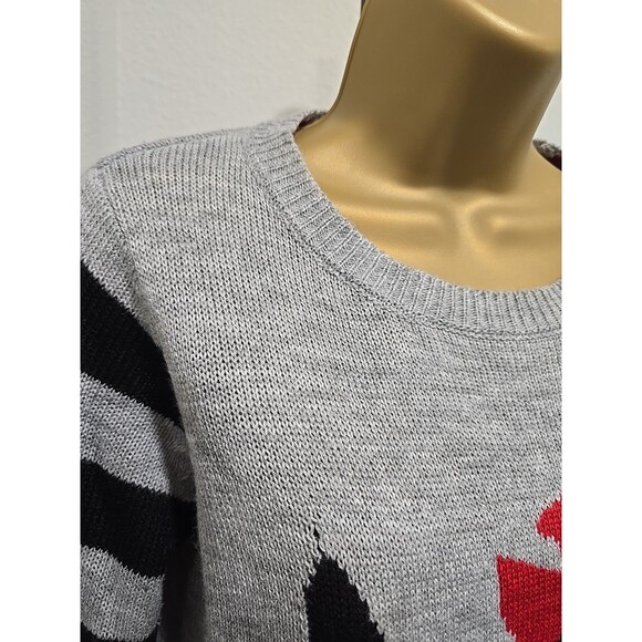 Preppy Novelty Festive Scottie Gray Black Stripe Knit Stretch Sweater Womens PL - Picture 2 of 6